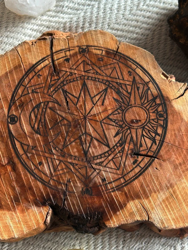 Lightning-Struck Wood / Sun-Moon-Zodiac Astrological Board / Crystal Display Stand