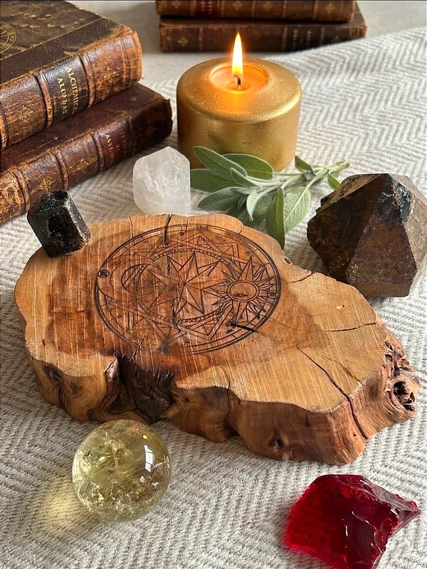 Lightning-Struck Wood / Sun-Moon-Zodiac Astrological Board / Crystal Display Stand