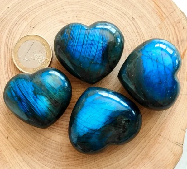 Labradorite hearts with an intense blue sparkle