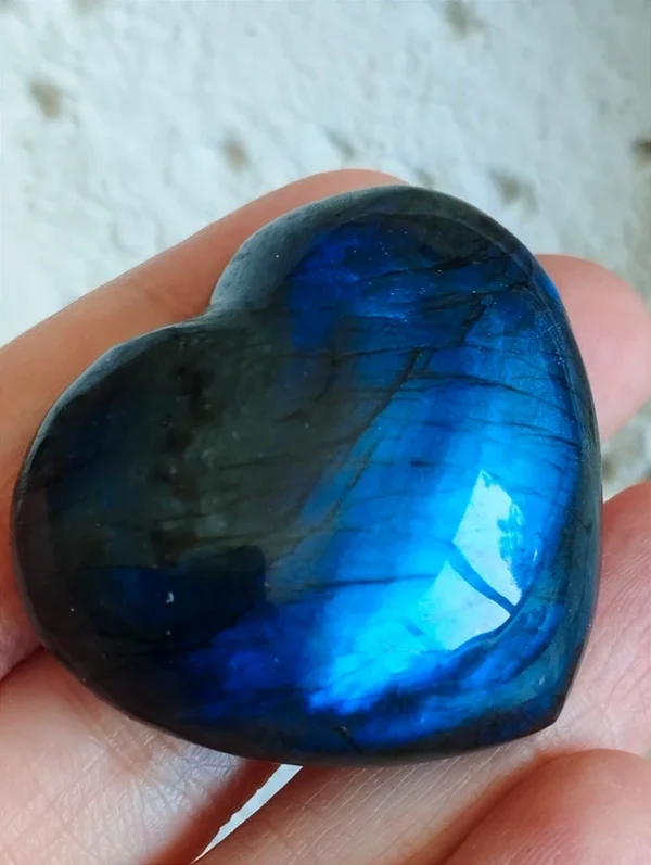 Labradorite hearts with an intense blue sparkle