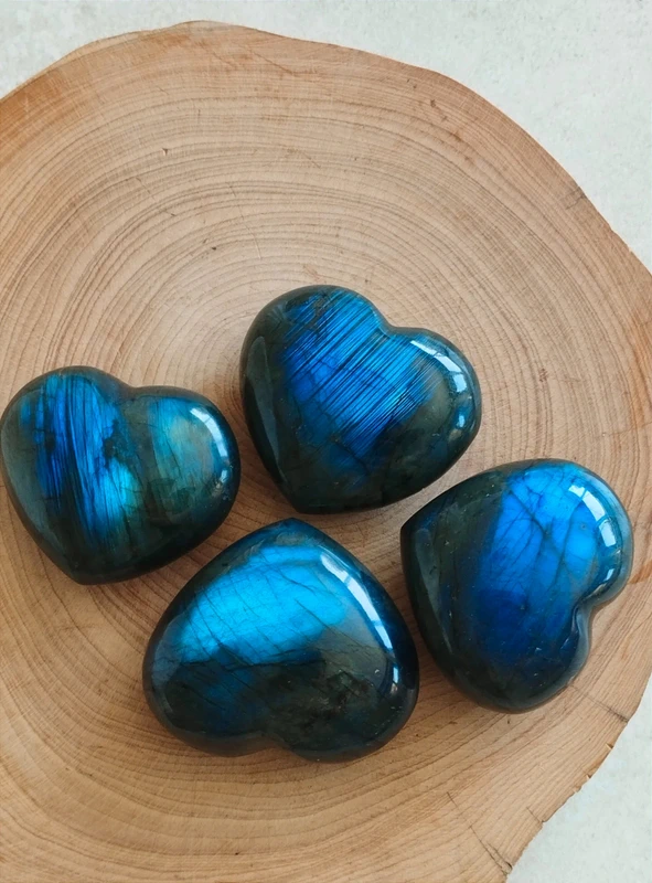 Labradorite hearts with an intense blue sparkle