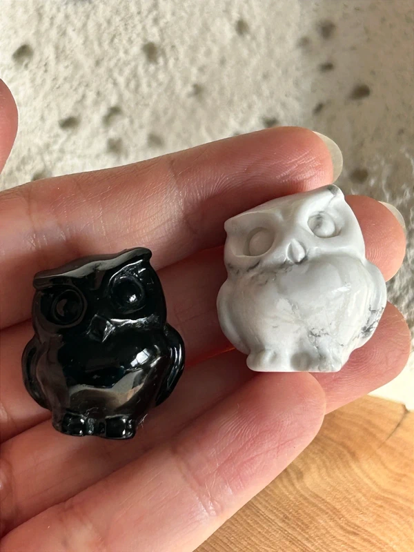 Owls in Obsidian and Howlite. Natural