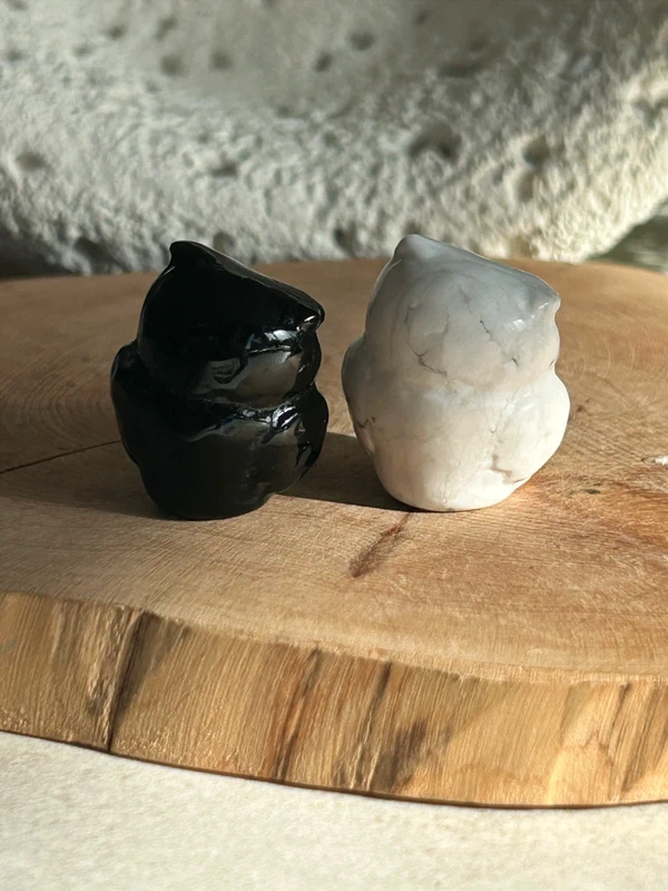 Owls in Obsidian and Howlite. Natural