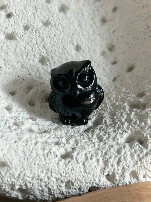 Owls in Obsidian and Howlite. Natural