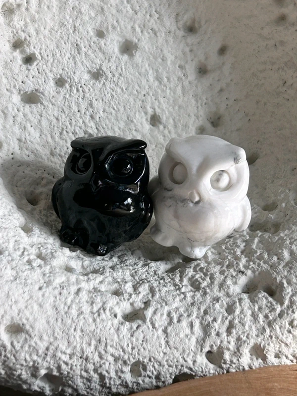 Owls in Obsidian and Howlite. Natural