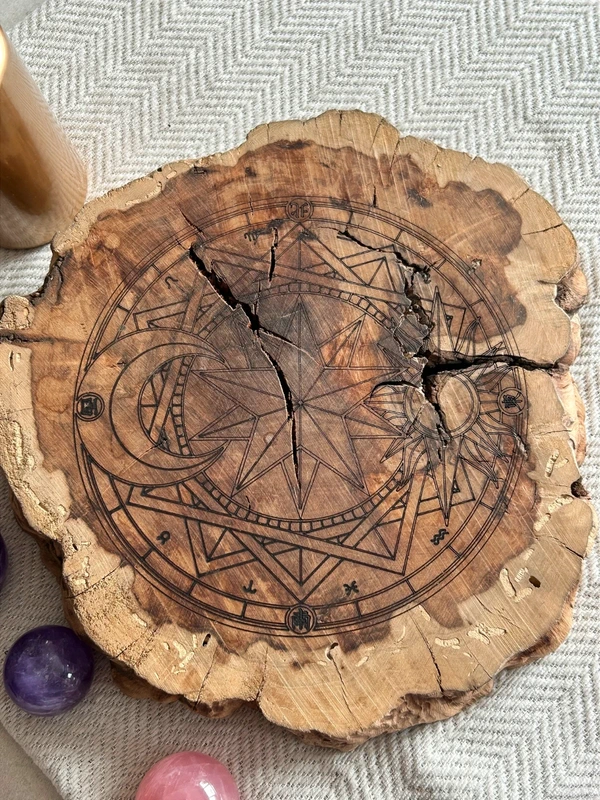 Lightning-Struck Wood / Sun-Moon-Zodiac Astrological Board / Crystal Display Stand