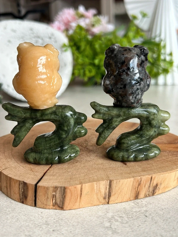 Owl on a branch • natural yellow calcite