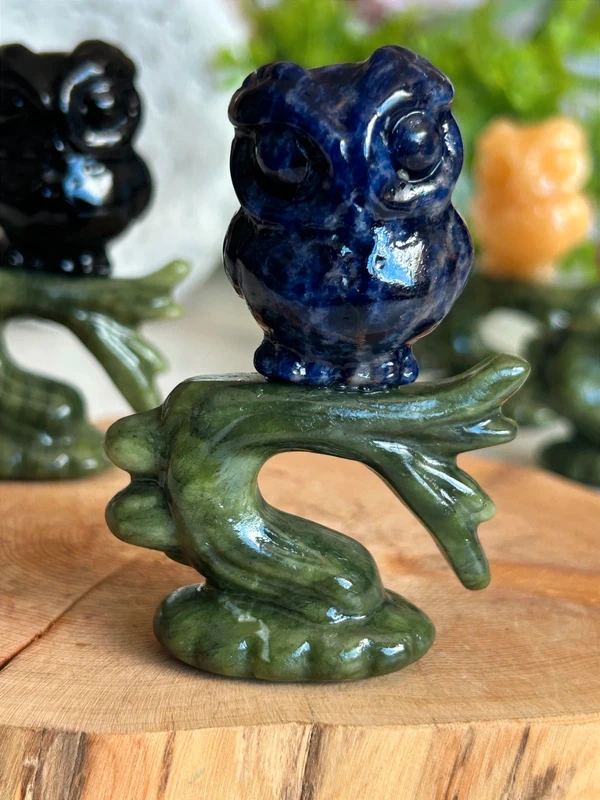 Owl on a branch • Natural blue sodalite