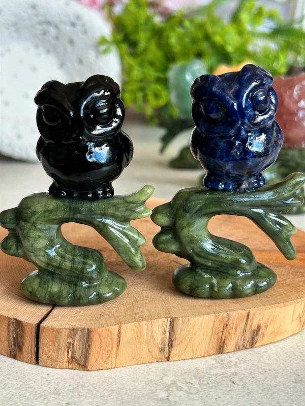 Owl on a branch • Natural blue sodalite