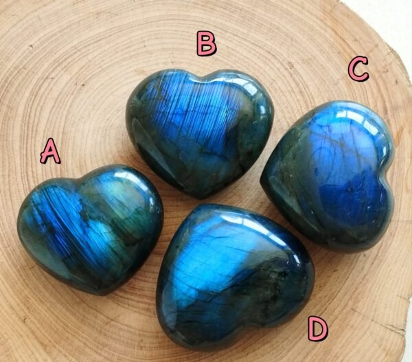 Labradorite hearts with an intense blue sparkle